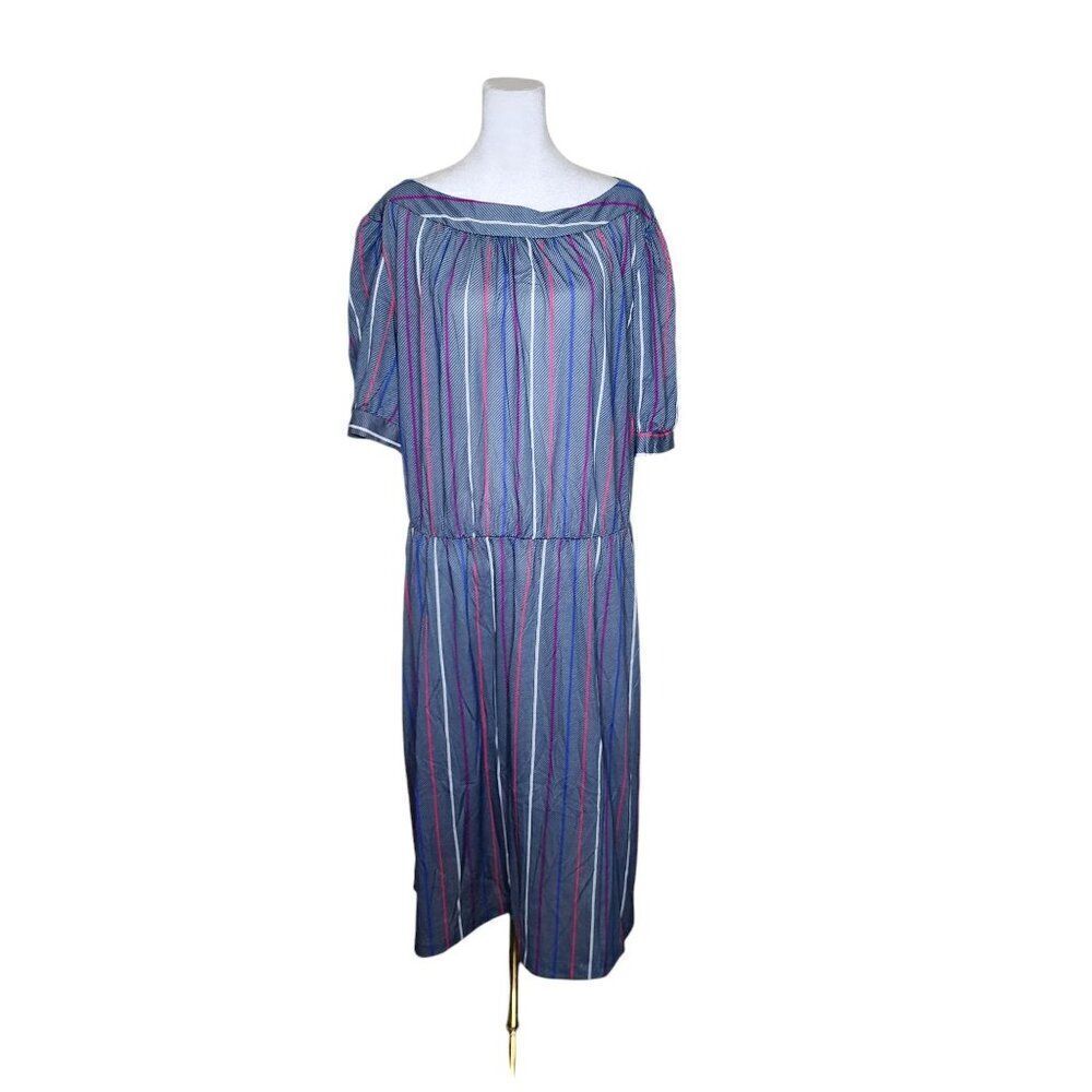 Vintage 80s Blouson Puff Sleeve Striped Dress Womens Size 2XL Blue Midi